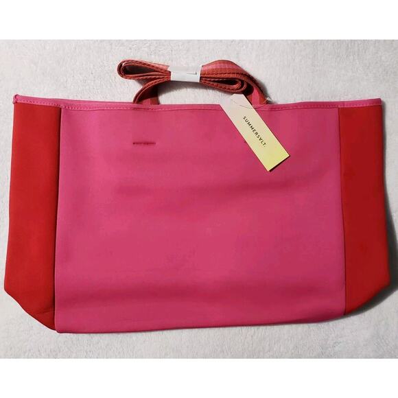 SUMMERSALT Neoprene Beach Tote Pink Red Mesh Zippered Inner Pocket Snap Closure - Picture 1 of 11